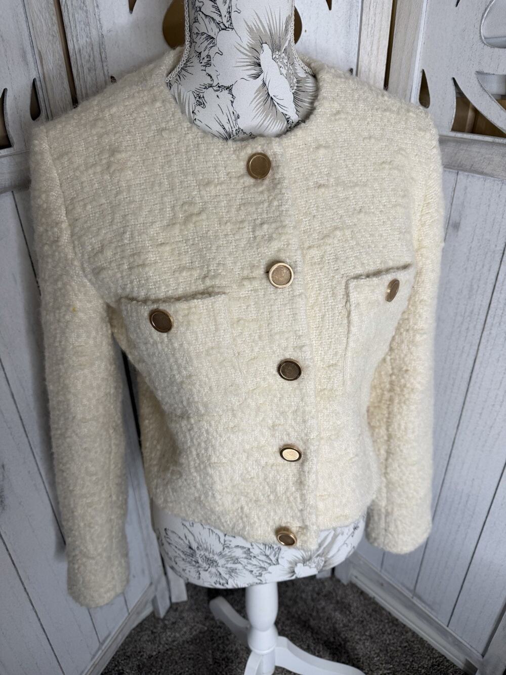 Frame Cropped Wool Bouclé Tweed Jacket Cream Gold Buttons Size Small